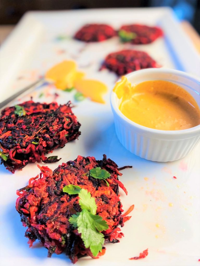 Beet and Sweet Potato Fritters with Gochujang Dipping Sauce